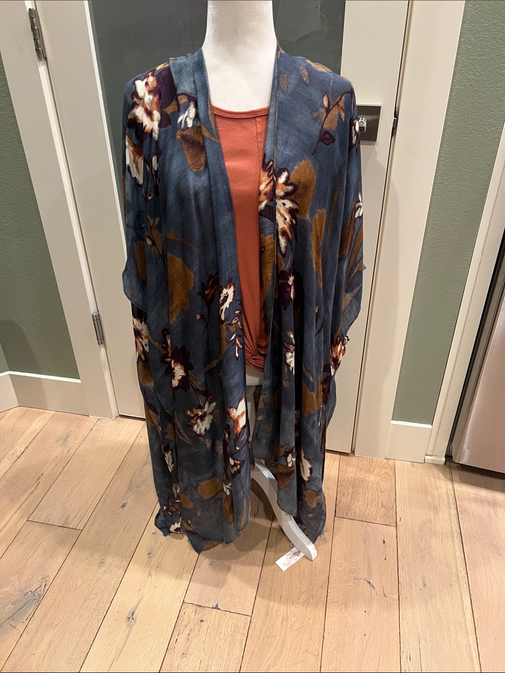 Blue Floral Open-Front Cape Kimono
